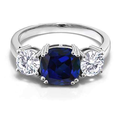 Gem Stone King 3.50 Cttw Created Sapphire and Moissanite 3 Stone Engagement Ring For Women | 925 Sterling Silver | September Birthstone | Cushion 8MM | Available in Size 5,6,7,8,9