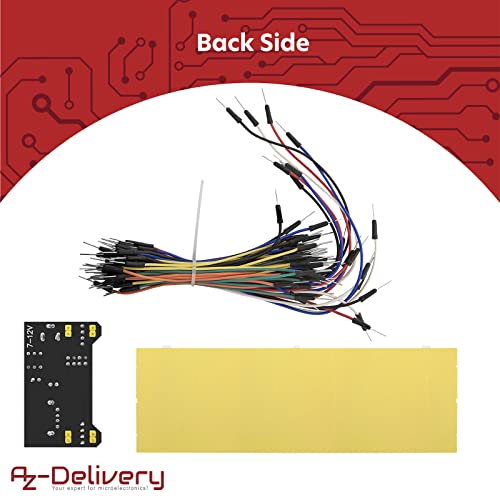 AZDelivery MB 102 Breadboard Kit - 830 Breadboard, Fuente de alimentación Adaptador 3,3V 5V, 65 x Jumper Compatible con Arduino