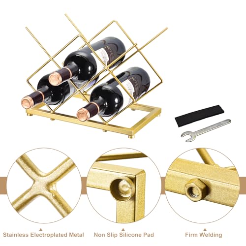 Image of uxcell Countertop Wine Rack, Tabletop Wine Bottle Holder for Up to 5 Standard Bottles, Freestanding Wine Rack for Wine Cellar Bar Cabinet, Gold