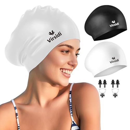 2 Pack Large Swim Caps for Long Hair, Silicone Swimming Cap for Adult Women Men, Waterproof Swim...