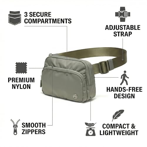 Image of Pander Nylon Crossbody Belt Bag with Excess Strap Keepers, 6-Pocket Adjustable Sling Fanny Pack for Travel and Everyday Carry, Grey Sage