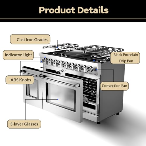 48 Inch Gas Range, Full Gas Freestanding Range with 6 Sealed Burners Cooktop & Cast Iron Grates & 7 Cu.Ft. Double Convection Oven, Stainless Steel Gas Range Stove for RV, Silver