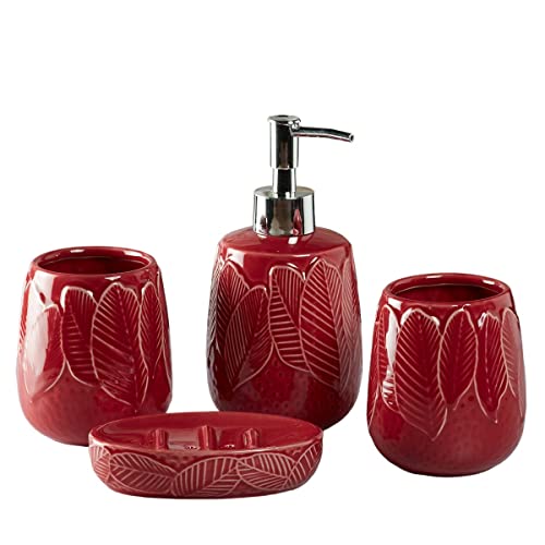 Image of SaSaSa Ceramic Bathroom Accessories Set of 4 Modern Bath Set with Soap Dispenser & Toothbrush Holder, Luxury Home & Gift Idea, Red (9886)