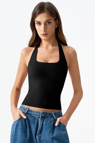 Image of QINSEN Womens Halter Top Double Lined Tank Top Sleeveless Open Back Slim fit Going Out Tops
