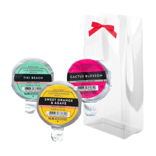 Bath & Body Works TIKI BEACH CACTUS BLOSSOM and SWEET ORANGE & AGAVE Car Fragrance Refill - 3pc bundle Gift Set with a Red Bow for Holidays -Tropical Summer Scents 0.2 fl oz each