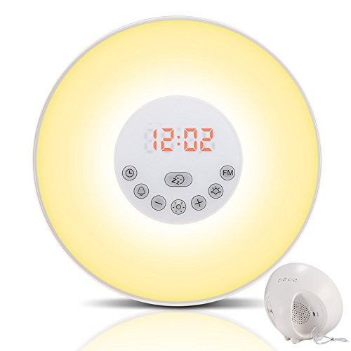 Lichtwecker, Wake Up Licht, Sonnenaufgang Sonnenuntergang Simulation Wecker mit FM Radio Wecker Snooze Funktion, 6 Farbige 10 Dimmstufen LED Lichter Touch Control Nachttischlampe mit Adapter für Geschenk