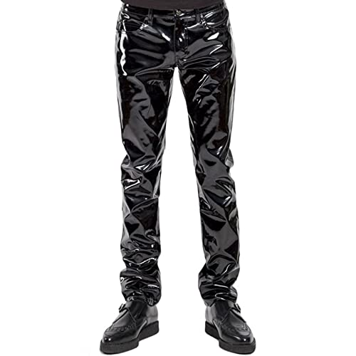 Men's Shiny Metallic PVC Leather Pants Night Club Disco Moto Jeans Style Leg Trousers