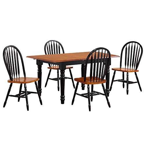 Sunset TradingSelections 5 Piece 60" Rectangular Extendable Windsor Arrowback Chairs | Butterfly Leaf Table Wood Dining Set, 2 Size Expandable, Seats 6, Antique Black and Cherry
