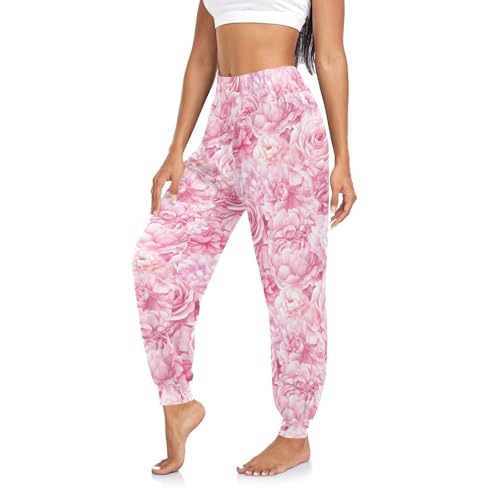 CHIFIGNO Pastel Peonies Roses Women's Sweatpants Athletic Joggers Elastic Waist Pants, M
