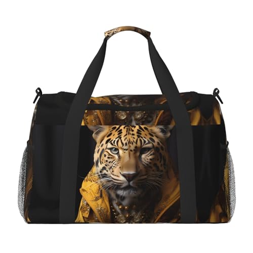 Leopard in a leather jacket Print Large Hand Travel Bag, Waterproof Tote Handbag for Women, Duffel Bag Sport Gym for Men