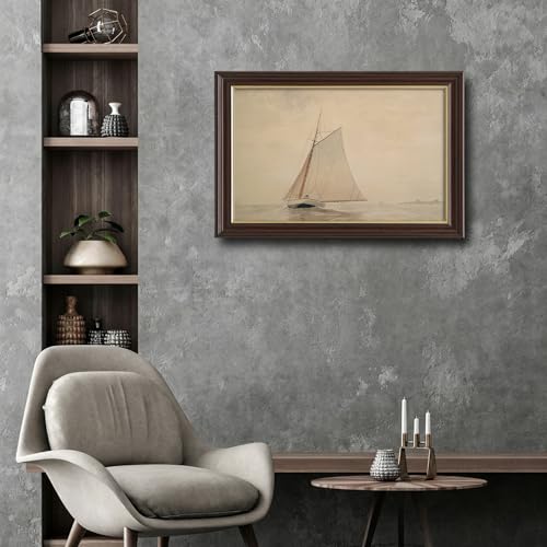 Image of Framed Vintage Sailboat Canvas Wall Art, Antique Nautical Watercolor Painting Prints, Neutral Tone Coastal Wall Decor for Living Room Bedroom Bathroom Office
