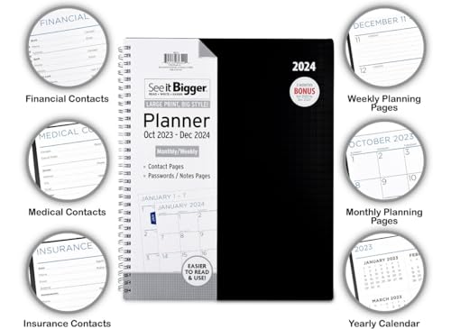 PlanAhead See IT Bigger October 2023 - December 2024 Monthly/Weekly Large Planner 8.5" x 11"(BLACK)