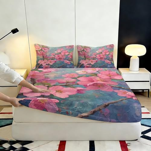 Linge de lit fleur de cerisier avec drap-housse antidérapant