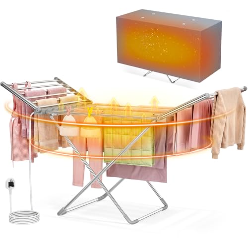 PurKeep Heated Clothes Airer with Cover - 18-Tube Electric Clothes Dryer Foldable Heated Drying Rack for Indoor Use Indoor Heated Drying Rack Suitable for Most Fabrics White