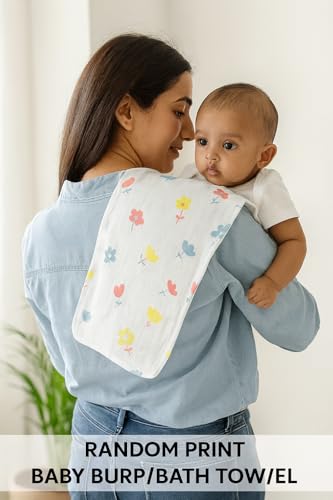 Image of Muslin Baby Bath Towel Cotton Super Soft Bathing Towels, Napkin for Newborn Single Layer Kids Boys and Girls (Pack of 4) White,Size 75 x 100 Cm, Multiprint on White