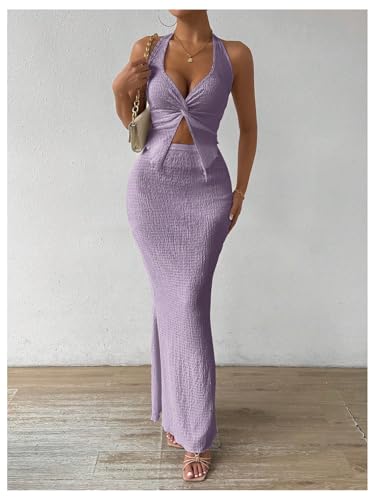 Image of SOLY HUX Women's Two Piece Outfits Twist Front Halter Cami Tops and Skirt Summer Set