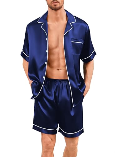 Image of SWOMOG Men Silk Pajama Set Short Sleeve Satin PJs Sets 2 Piece Button Down Sleepwear Soft Summer Loungewear with Pockets