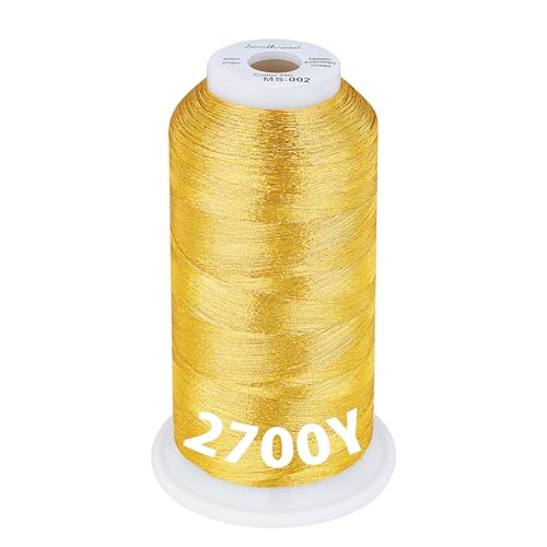 Simthread 2700 Yards Metallic Embroidery Machine Thread - Gold MS-002 40wt High-Sheen King Spool Smooth Running & Break Resistant for Commercial & Home Embroidery Machines
