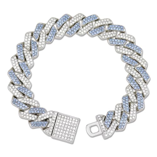 Cuban Link Dog Collar Bling Rhinestone Crystal Dog Necklace Metal Chain Collar with Secure Buckle Pet Jewelry Accessories for Small Medium Large Dogs Cats (Blue 8inch)