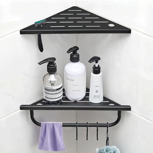 goodleben Corner Shower Shelf 10 Shower Corner Shelf with Towel Bar & Hooks 304 Stainless Steel Recessed Bathroom Shelves No Drilling for Tiled Wall 2-Pack (Matte Black)