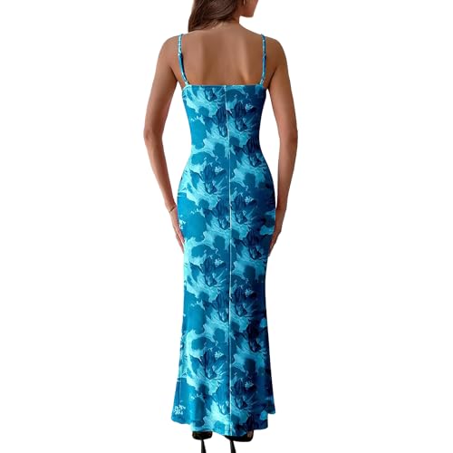 Image of Women's Spaghetti Strap Maxi Dress Floral Print Bodycon Long Dress Summer Beach Vacation Wedding Guest Outfits
