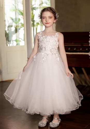 Flower Girl Dress with Bow 3D Floral Applique Spaghetti Strap First Communion Dress Ankle Length Ruffle Tulle Ball Gown2
