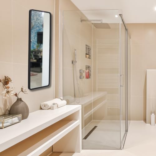 Image of Modern Elegance Rectangular Wall-Mounted Mirror Metal Framed Wall Mirror Bathroom Mirror Living Room Mirror Home Decor Mirror 18 x 48 Inches Black MF 100