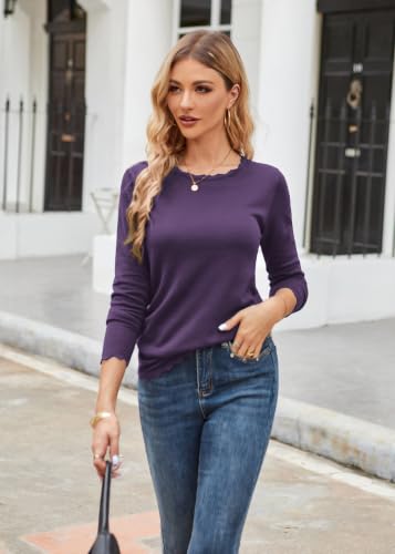 Image of GRACE KARIN Long Sleeve Fall Sweaters for Women Trendy Business Casual Tops | Fashion Clothes,Classic Pullover Shirt,Crew Neck,Scalloped,Lightweight,Soft Comfy,Fitted,Knit,Stretchy,Winter Layer Clothing