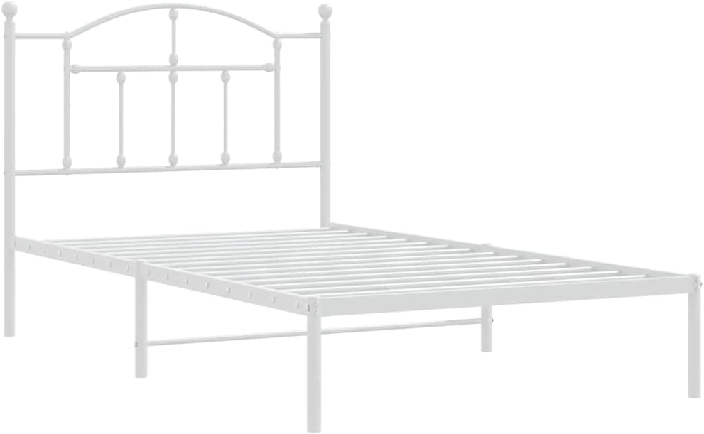 vidaXL 12 Inch Twin Metal Bed Frame with Headboard, No Box Spring Needed, Noise Free Platform Bed Frame with Steel Slats, Easy Assembly, Under Bed Storage, Minimalist, White