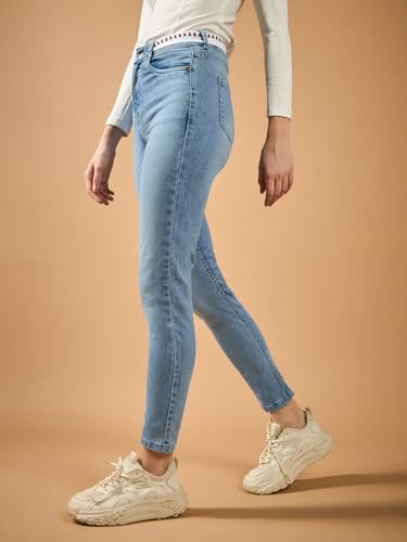 Image of Miss Chase Women's Skinny High Rise Cropped Fringed Hemline Detailing Stretchable Denim Jeans