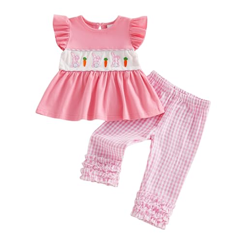 BemeyourBBs Toddler Baby Girl Easter Outfits Ruffle Shirts Tunic Top and Ruffle Pants Set Cute Infant Clothes (Ruffle Bunny Pink 6-12 Months)