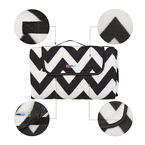 Relaxdays XXL Picknickdecke, 200x200 cm, Fleece Stranddecke, wärmeisoliert, wasserdicht, mit Tragegriff, schwarz-weiß