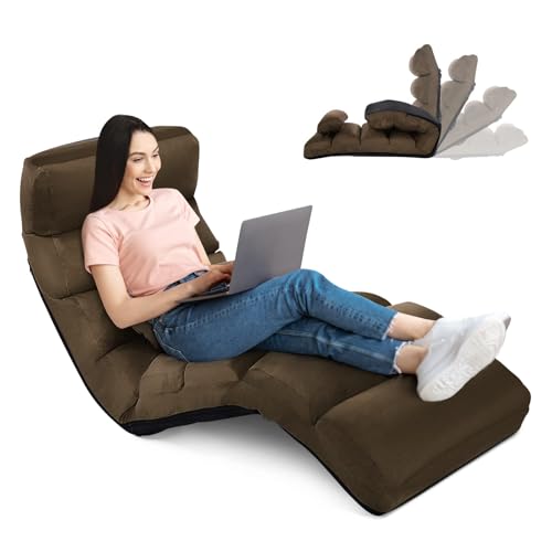 RELAX4LIFE Sedia Pieghevole da Pavimento con Schienale Regolabile, da Terra Imbottita, con Cuscino Morbido, Struttura Resistente, Ideale per Gioco e Lettura (MARRONE)
