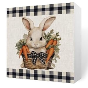 Rustic Easter Decorations Farmhouse Spring Buffalo Plaid Bunny Home Office Desk Decor Cute Wood Box Sign Bow Tie Rabbit Carrot Cubicle Shelf Wall Art Decor 5 X 5 Inch