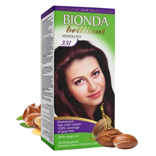 Bionda Brilliant Tinte y coloración permanente 331 de caoba, 100 ml, cobertura 100% de canas, con aceite de argán, fórmula de aceite nutritiva, brillo intenso, raíz y longitudes completas