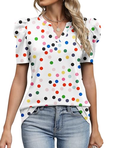 Image of LOMON Spring Summer Tops for Women 2026 V Neck Puff Short Sleeve Tops Fashion Trendy Work Blouses Dressy Casual S-XXL
