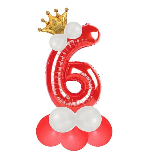 Image of Red 6 Number Foil Balloon with Crown & Base Balloons | 32 Inch Helium Supported for Birthday, Anniversary, Baby Shower Decoration - Pack of 14