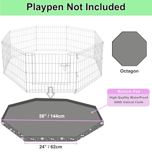 Image of Dog Playpen Bottom Pad for 24 inch Metal Octagon Exercise Pen | 8-Panel Design with Elastic Buckle Connections | Waterproof Floor Mat (Note: PlaypenNot Included) (Gray)