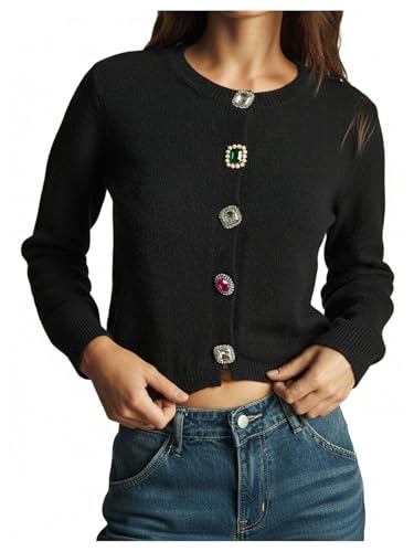 RoseSeek Women's Gem Button Cardigan Crew Neck Cropped Sweaters Elegant Fall Outfits Black Small