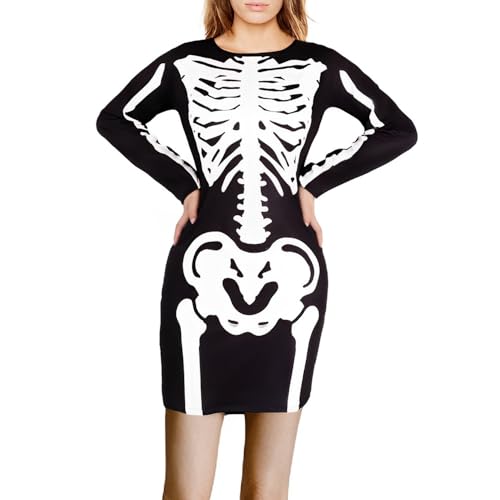 Skelett Kostüm Damen, Schwarzes Gruselig Skelett Leggings mit V-Ausschnitt Reißverschluss Kleid Body Jumpsuit Overall Bodysuit für Halloween Dress...