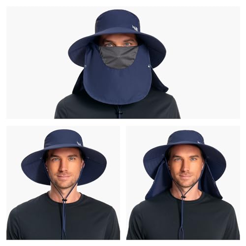BASSDASH UPF 50+ Breathable Sun Hat with Removable Face Cover and Neck Flap Wide Brim Bucket Hat for Fishing Hiking Men Women Dark Blue by BASSDASH - Image 5