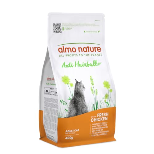 Almo Nature Anti Hairball - Crocchette Gatto Adulto con Pollo Fresco, con Miscela di Fibre Vegetali per Contrastare la Formazione di Boli di Pelo - Sacco da 400g
