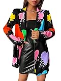 WDIRARA Women's Graphic Print Button Front Long Sleeve Causal Work Blazer Jacket Coat Multicolor S