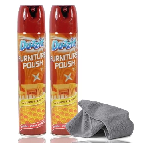 Image of Furniture Polish Spray 2 x 300ml + Lint Free Microfibre Cloth – Natural Wood Polish, Anti-Static Dust Repellent & Conditioner for Oak, Antique & Wooden Furniture, Restores Shine, Protects & Revives