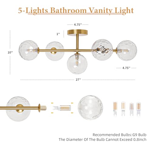 Image of 5 Lights Bathroom Vanity Light,Brushed Gold Globe Bathroom Light Fixtures
