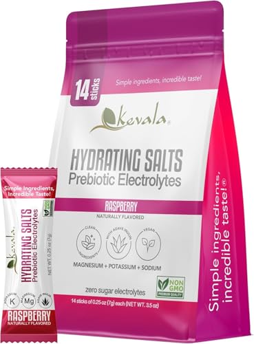 kevala Hydrating Salts Prebiotic Electrolytes – Raspberry – Zero Sugar - with Agave Inulin – 14 Count Hydration Packets – Powder Drink
