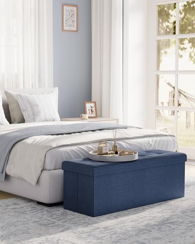 Image of SONGMICS MAZIE Collection - 43 Inches Folding Storage Ottoman Bench, Ottoman Foot Rest, End of Bed Bench, Storage Chest, Load 660 lb, for Living Room, Bedroom, Entryway, Midnight Blue ULSF77IN