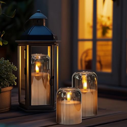 Image of Eldnacele Black Glass Flameless Candles with Remote and Timer, Battery Operated 3D Wick Flickering LED Pillar Candles for Dinner Wedding Holiday Decor (3Pcs, D3xH4 /5 inch /6 inch)