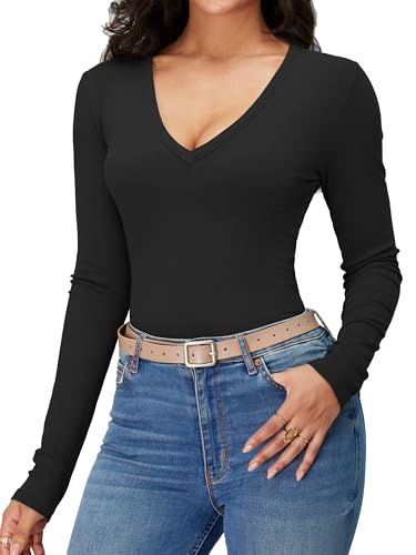 iGENJUN Women Long Sleeve V Neck Shirts for Women Business Casual Work Top Knit Slim Fit for Fall2