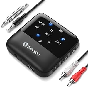 SONRU 2024 Bluetooth 5.2 Transmitter & Receiver for TV, 2-IN-1 Bluetooth Receiver for HiFi Home Stereo with RCA 3.5mm AUX&Display, Bluetooth Audio Adapter Dual Connection for TV/Airplane/PC/Phone/Car